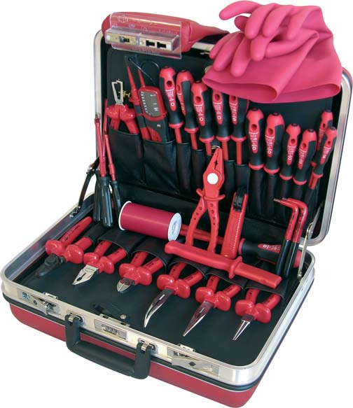 1665, 00 Art. nr. 22 02 32 35-elem., 500 x 430 x 210 mm Walizka narzędziowa Profi VDE Mocna walizka czerwona, zawierająca 35 bezpieczne narzędzia. Walizka 22 00 31.