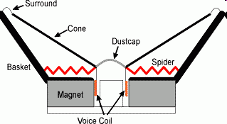 Podział głośników ze względu na zasadę działania. Magnetoelektryczne (dynamiczne) - w polu magnetycznym magnesu (rys. magnet) umieszcza się przewodnik (cewkę magnetyczną) (rys.