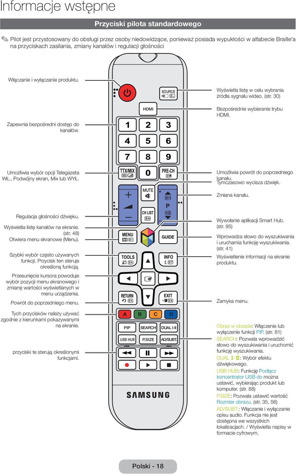 HDMI Bezpośrednie wybieranie trybu HDMI. Umożliwia wybór opcji Telegazeta WŁ., Podwójny ekran, Mix lub WYŁ. MUTE M Umożliwia powrót do poprzedniego kanału. Tymczasowo wycisza dźwięk. Zmiana kanału.