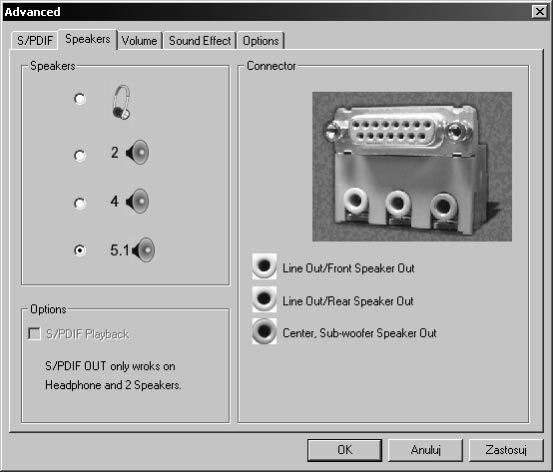 i w zakładce Głośniki wybrać standard Głośniki systemu Surround Sound 5.1. W tym samym oknie w opcjach Settings włączyć opcję Bass Redirection.