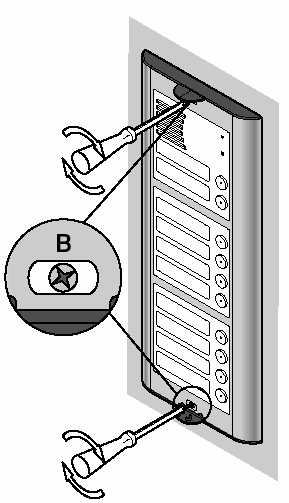 NR REF. SET-1 UCHWYT MODUŁU Z RAMKĄ FRONTOWĄ NR REF. 1145/61 Odkręcić górną śrubę A uchwytu i otworzyć panel. Wykonać połączenia do płyty z zaciskami według schematu połączeniowego (rys. 14).
