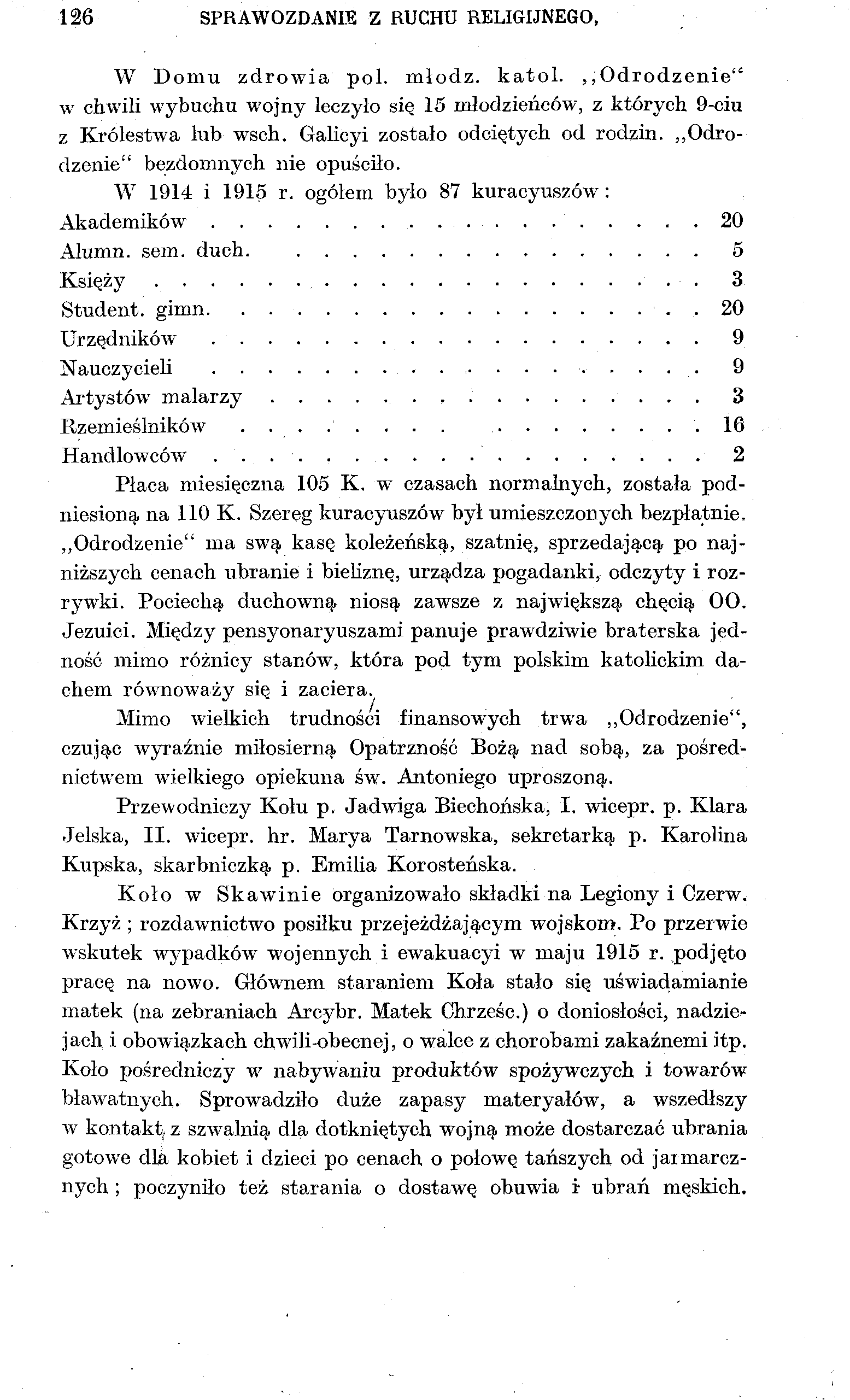 126 SPRAWOZDANIE Z RUCHU RELIGIJNEGO, W Domu zdrowia pol. młodz. katol. Odrodzenie" w chwili wybuchu wojny leczyło się. 15 młodzieńców, z których 9-ciu z Królestwa lub wsch.