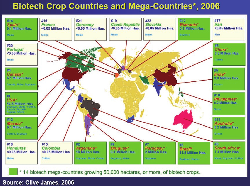 Światowa produkcja roślin GM w roku 2006 249 Ryc. 2. Ilustrowany wykaz państw i roślin GM uprawianych w 2006 r. w skali światowej.