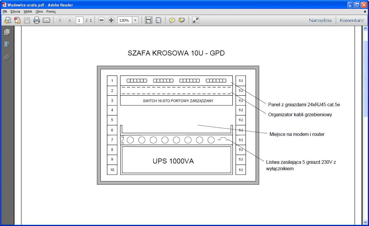 1.2.10. pojedynczy punkt wyposażony w gniazdo RJ45 na potrzebę przyłączenia access-pointa, znajdujący się w centralnym miejscu rewitalizowanego pomieszczenia umieszczony 10 cm pod sufitem.