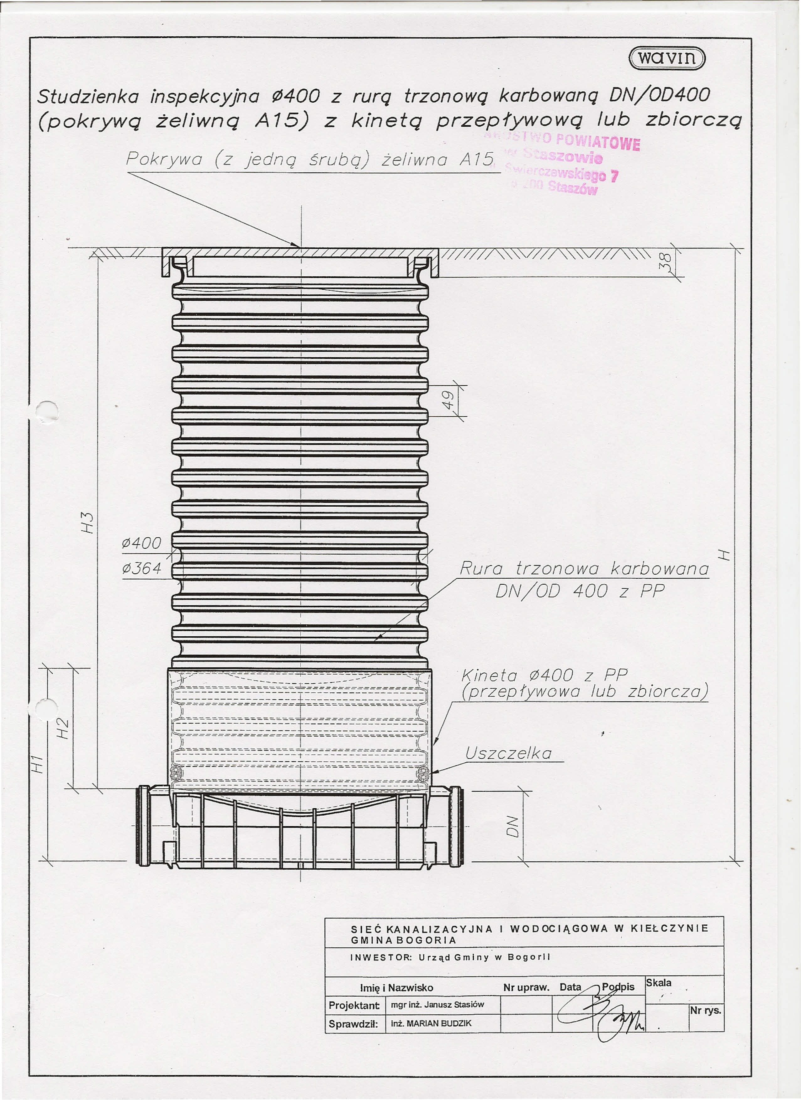 «wavln) Studzienka inspekcyjna 11400z rurą trznwą karbwaną DN/OD400 pkrywą żeliwną A 15) z kinetą przep1'ywwą lub zbirczą Pkryw z jedną WE srub ) żeliwn A 75 7 / // / ł ł /// / ////////<'\///'\.