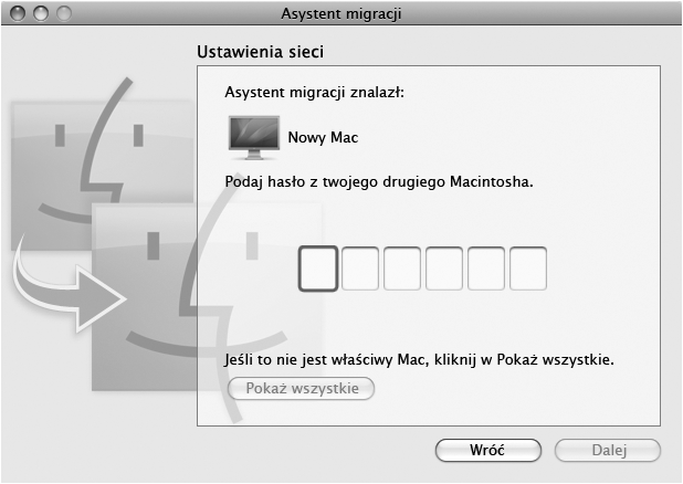 7 Wpisz na drugim Macintoshu sześciocyfrowe hasło, wyświetlone przez Asystenta ustawień na ekranie MacBooka Air.