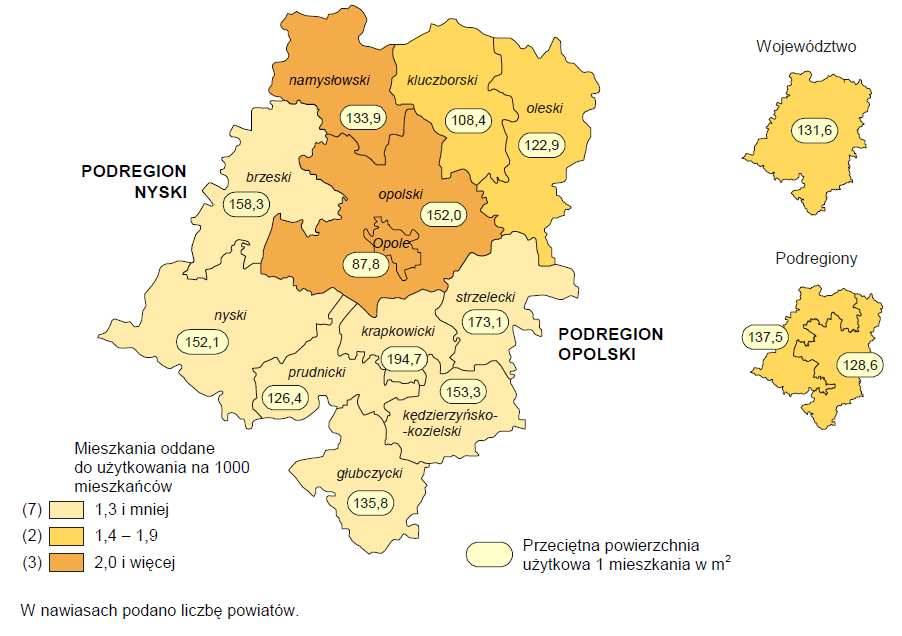 Mieszkania oddane do użytkowania w województwie opolskim składały się przeciętnie z 5,0 izb (w 2010 r. 4,7).