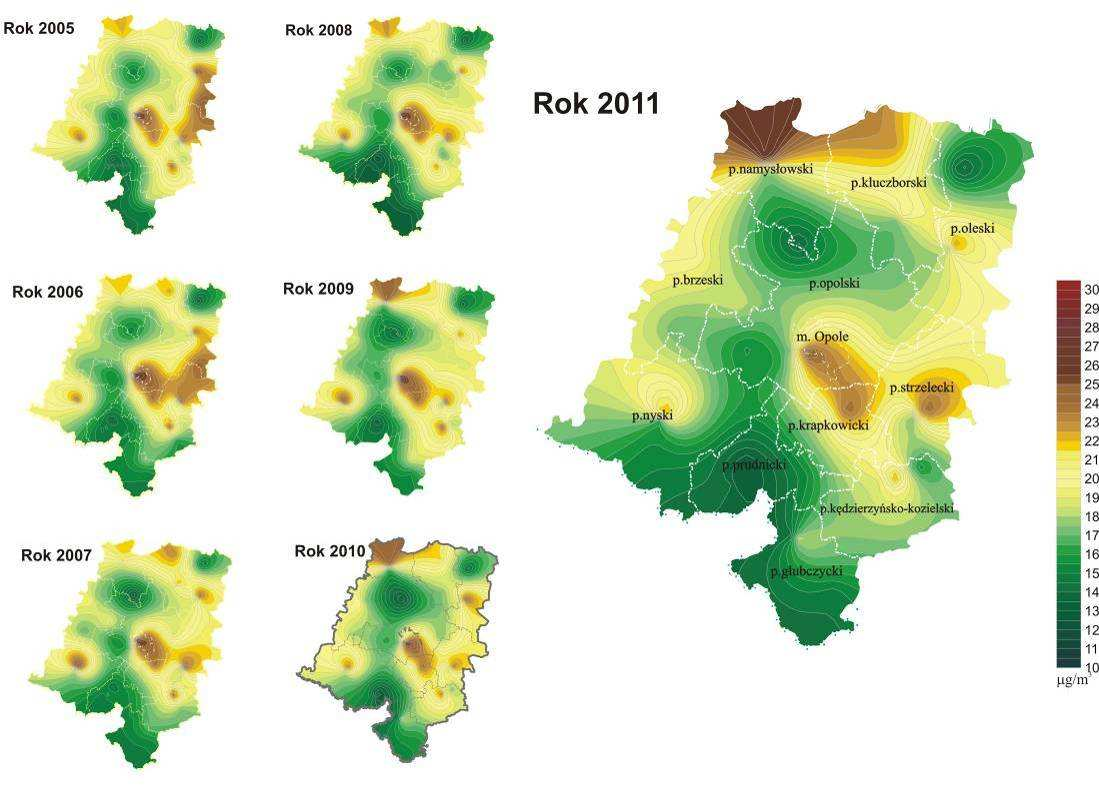 Mapa 22. Rozkład średniorocznych stężeń dwutlenku siarki w latach 2005-2011 w województwie opolskim. Źródło: Stan środowiska w województwie opolskim w roku 2011. WIOŚ Opole, 2012 r.