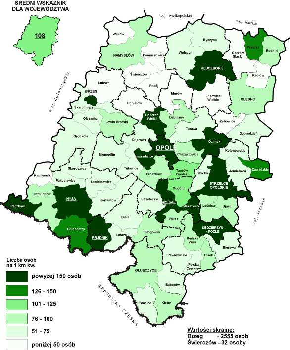 1.4.1.1. Rozmieszczenie ludności Ludność w województwie Mapa 33. Gęstość zaludnienia w województwie opolskim nie jest rozmieszczona równomiernie.