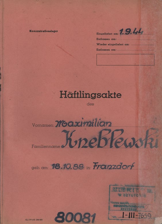 16. Okładka obozowej teczki personalnej Maksymiliana Kneblewskiego w KL Stutthof. Dokument powstał 1.09.