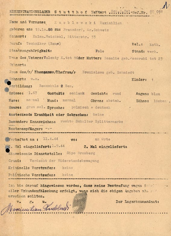 17. Obozowa karta personalna więźnia Maksymiliana Kneblewskiego z 1.09.1944 roku. Sporządzony w języku niemieckim dokument zawiera wiele informacji o więźniu, jak np.