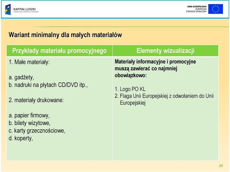 materiały drukowane: Elementy wizualizacji Materiały informacyjne i promocyjne muszą zawierać co