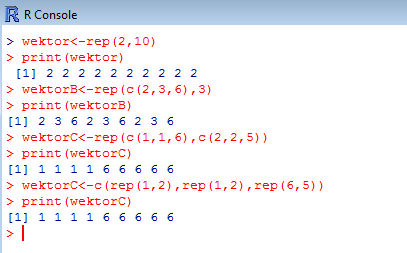 rep rep - zwraca wektor utworzony przez replikacj elementów pierwszego argumentu. np. wektora < rep(2, 10) utworzy wektor 10 elementów (2).