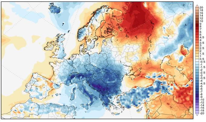 Strona 5 z 8 Prognozowane odchylenie temperatur od normy w Polsce i innych krajach europejskich w okresie 9-16 stycznia 2017 przedstawia poniższa mapa (st.