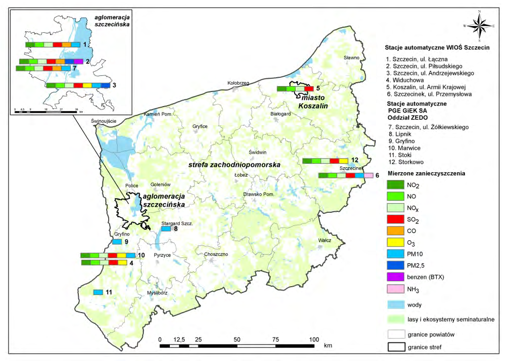 Lokalizację stacji i stanowisk pomiarów automatycznych funkcjonujących w województwie zachodniopomorskim w 2011 r. przedstawiono na mapie Mapa 4.1. Pomiary manualne W 2011 r.