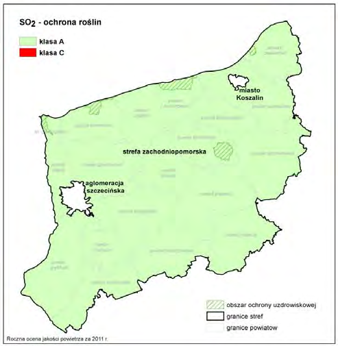 5.2. Klasyfikacja według zanieczyszczeń, z uwzględnieniem kryteriów ustanowionych dla ochrony roślin 5.2.1. Dwutlenek siarki (SO 2 ) Tabela 5.2.1.1. Kryteria stosowane w rocznej ocenie jakości powietrza za 2011 r.