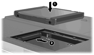 7. Podnieś dysk twardy i wyjmij go z komputera (2). Aby zainstalować dysk twardy: 1. Opuść dysk twardy do wnęki dysku twardego (1). 2.