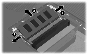 7. Podnieś osłonę komory modułu pamięci i odłącz ją od komputera (2). 8. Aby wyjąć moduł pamięci: a. Odciągnij zatrzaski mocujące (1) znajdujące się po obu stronach modułu pamięci.