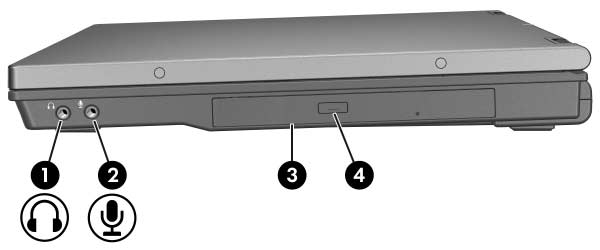 Elementy komputera Element 1 Wyjściowe gniazdo audio (słuchawkowe) 2 Wejściowe gniazdo audio (mikrofonowe) 3 Napęd optyczny (tylko wybrane modele) 4 Przycisk napędu optycznego (tylko wybrane modele)