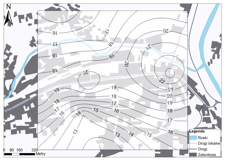 Rys. 6. Przestrzenny rozkład średnich stężeń SO 2 w powietrzu w Suchej Beskidzkiej w analizowanym okresie (10.12.2014 10.02.
