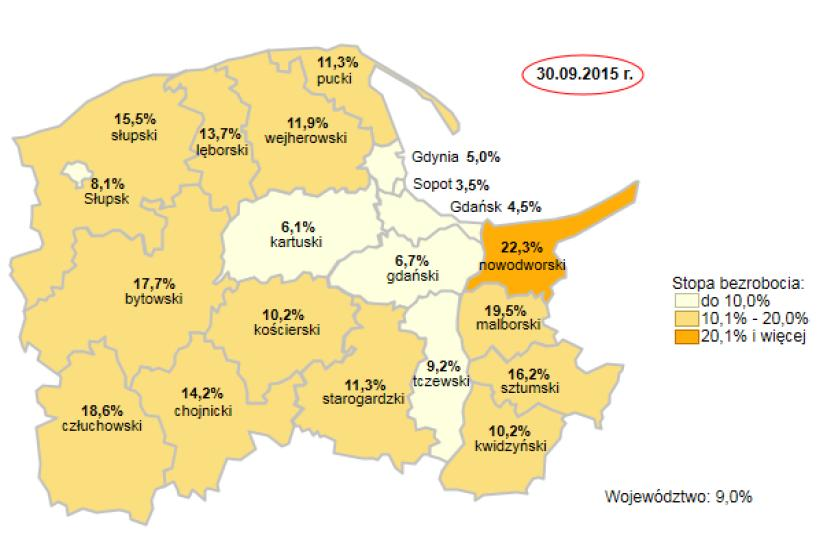 Stopa bezrobocia w powiatach województwa