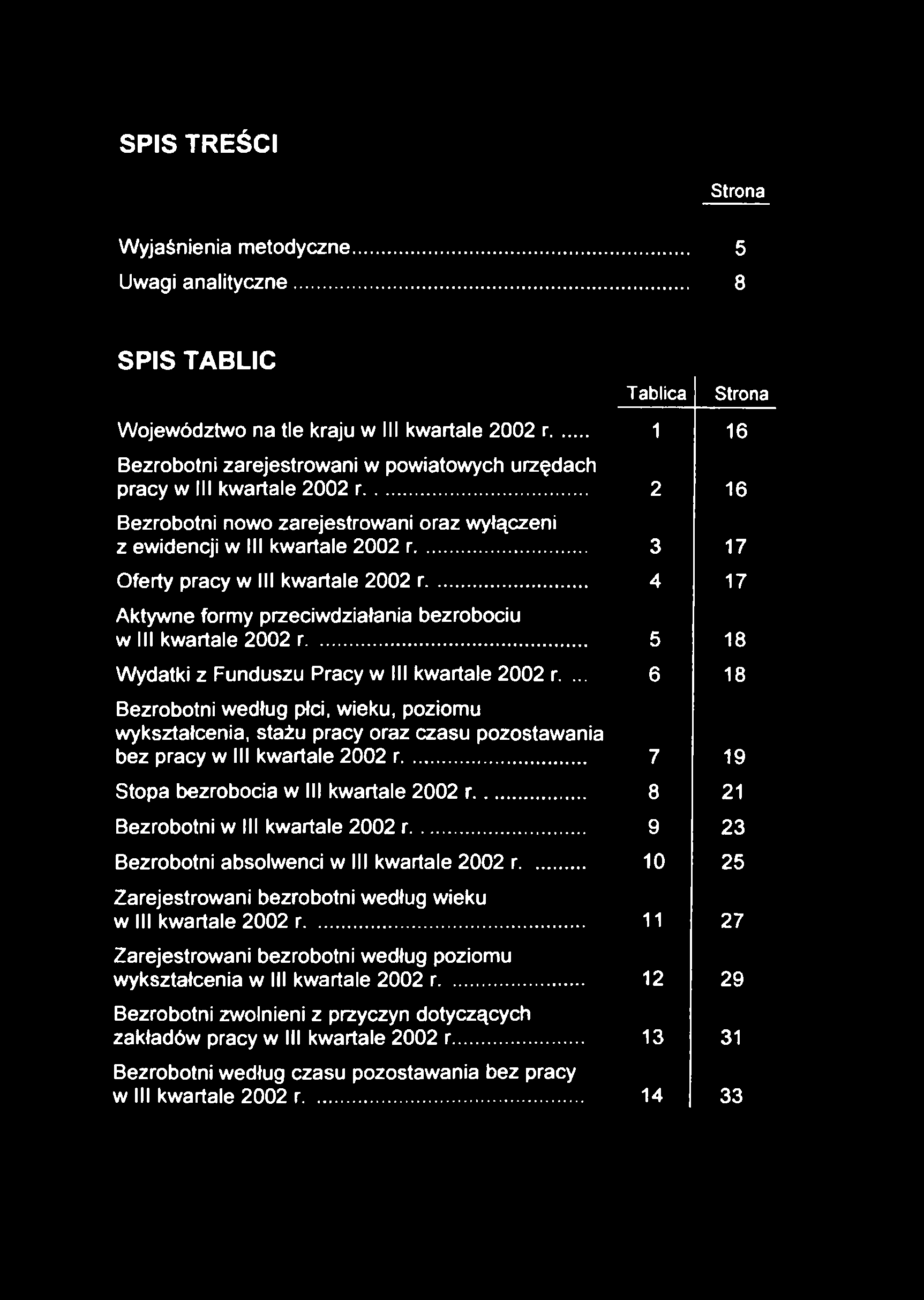 SPIS TREŚCI Strona Wyjaśnienia metodyczne... 5 Uwagi analityczne... 8 SPIS TABLIC Tablica Strona Województwo na tle kraju w III kwartale 2002 r.