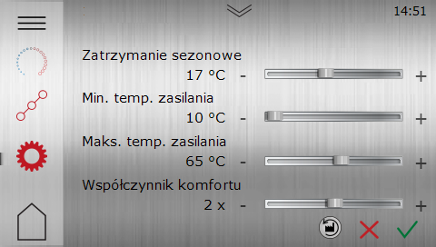 5.7 Ustawienia ogrzewania W widoku Ustawienia ogrzewania można ustawić zatrzymanie sezonowe, minimalną/maksymalną temperaturę zasilania i współczynnik komfortu.