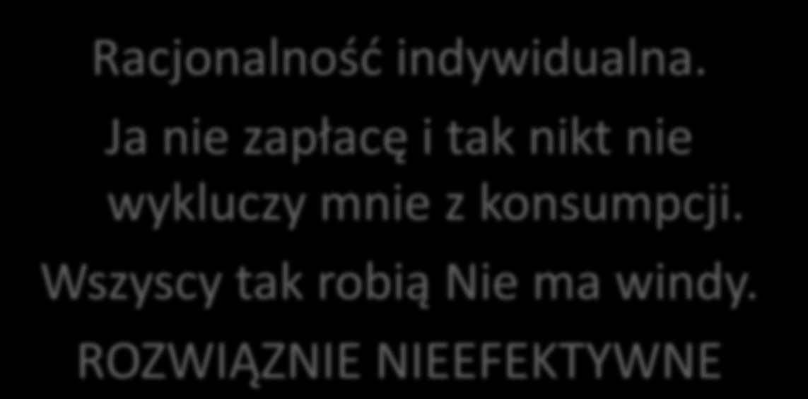 Dobra Publiczne - jazda na gapę Brak windy jest uciążliwy Kooperacja Wszyscy płacą. Składka jest mała użyteczność z windy jest dużo większa niż składka.