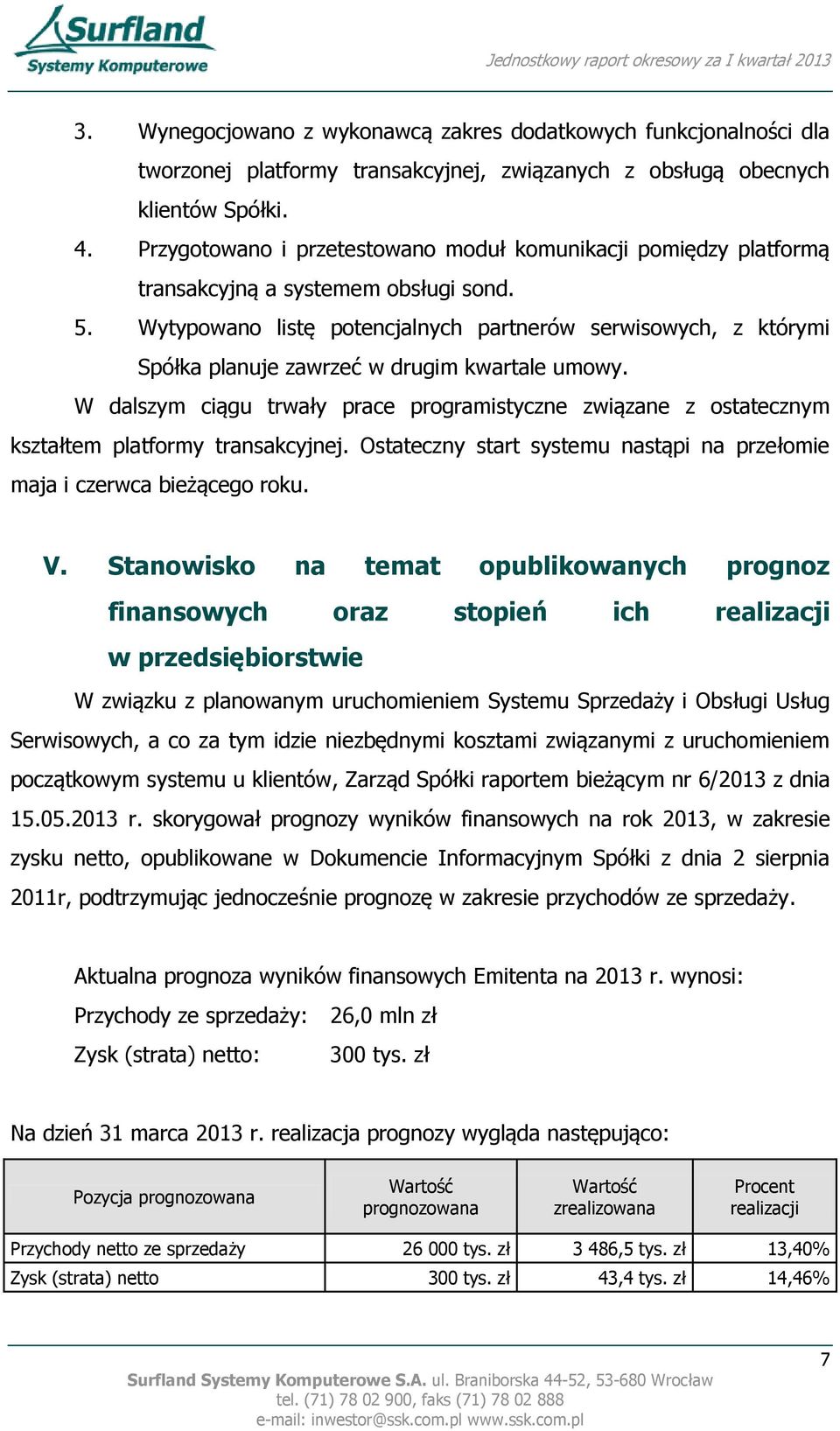 Wytypowano listę potencjalnych partnerów serwisowych, z którymi Spółka planuje zawrzeć w drugim kwartale umowy.