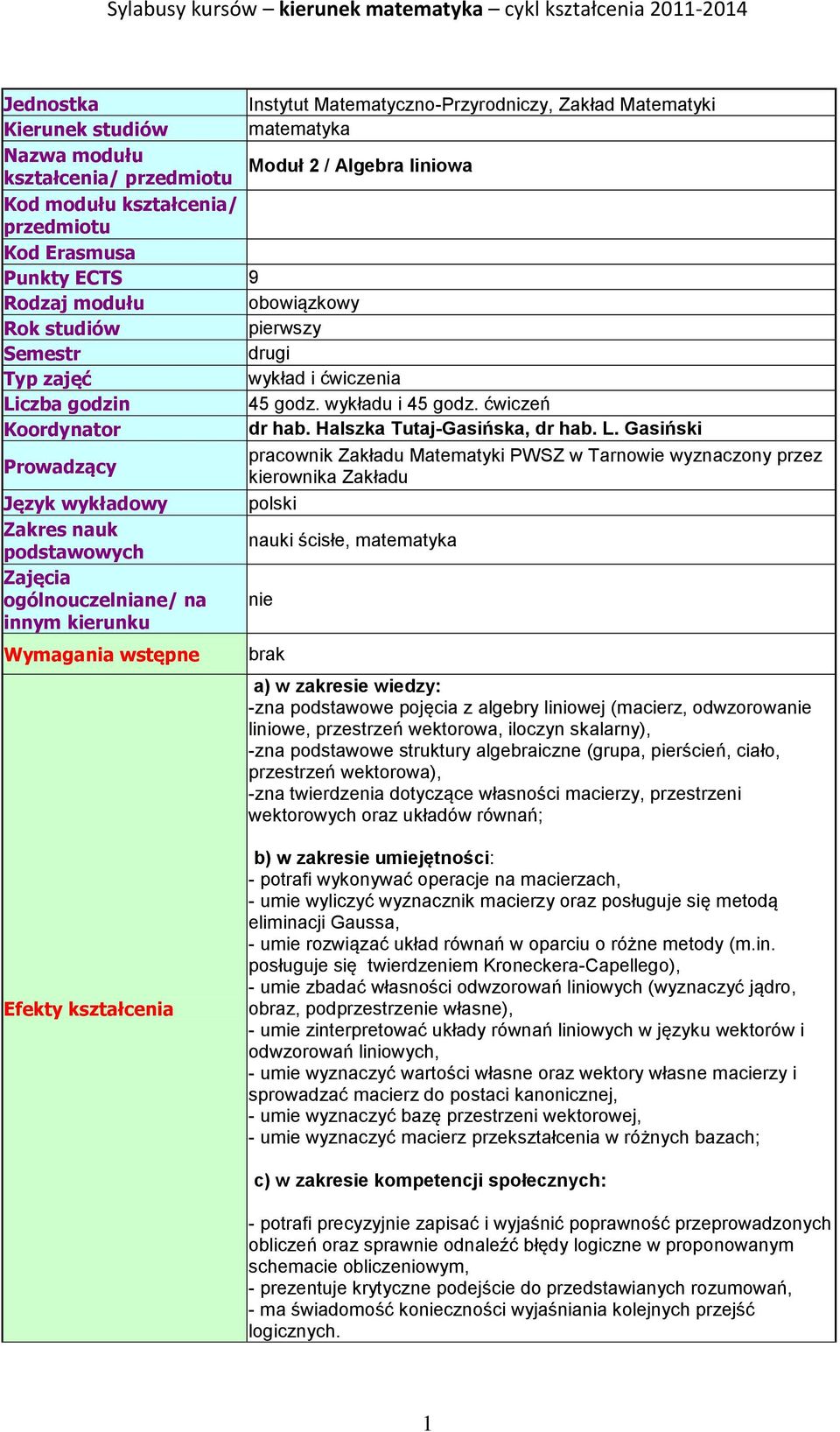 czba godzin 45 godz. wykładu i 45 godz. ćwiczeń Koordynator dr hab. Halszka Tutaj-Gasińska, dr hab. L.