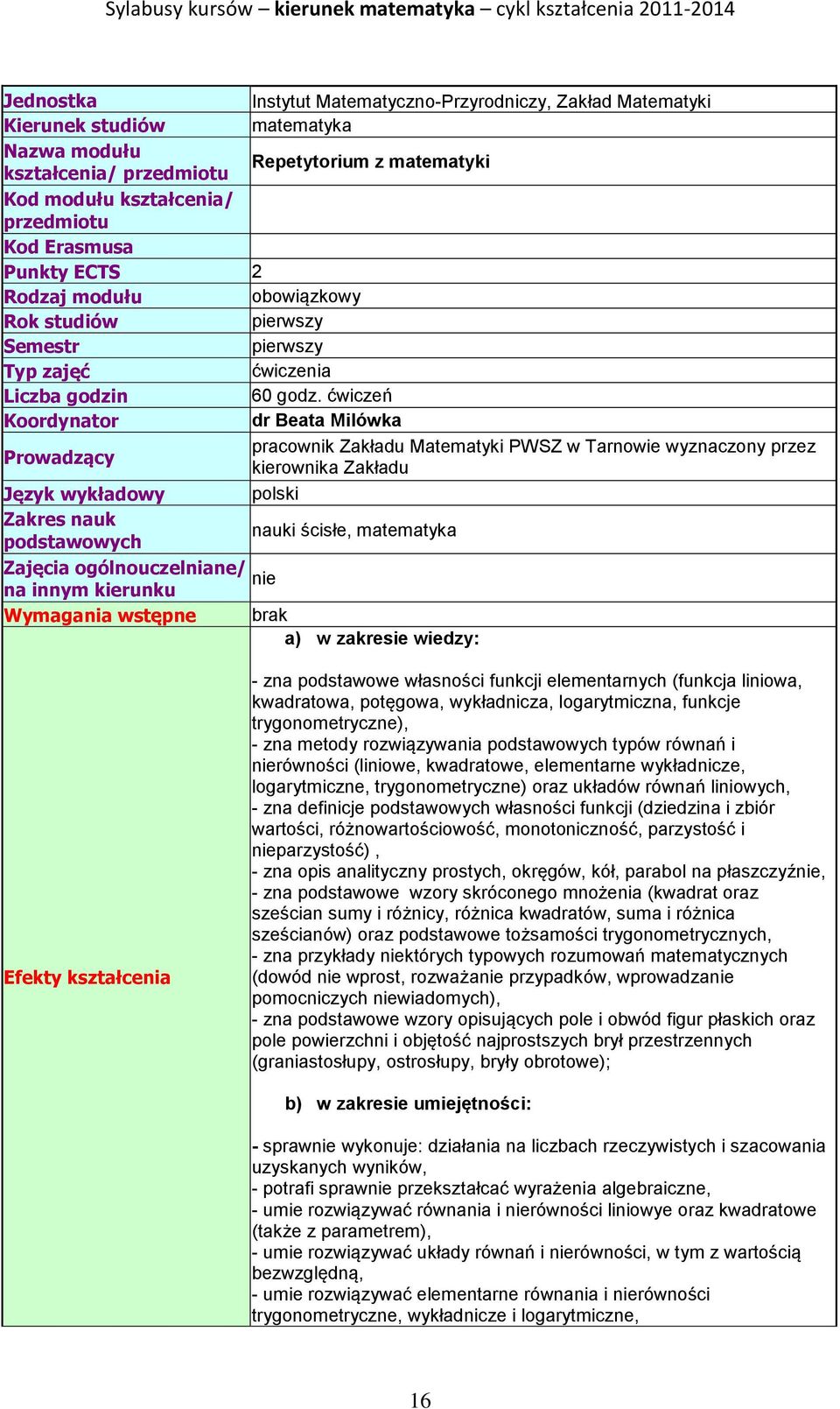 ćwiczeń Koordynator dr Beata Milówka Prowadzący pracownik Zakładu Matematyki PWSZ w Tarnowie wyznaczony przez kierownika Zakładu Język wykładowy polski Zakres nauk podstawowych nauki ścisłe,