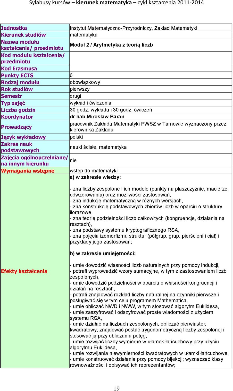 mirosław Baran Prowadzący pracownik Zakładu Matematyki PWSZ w Tarnowie wyznaczony przez kierownika Zakładu Język wykładowy polski Zakres nauk podstawowych nauki ścisłe, matematyka Zajęcia