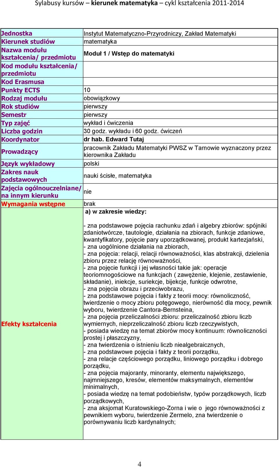 Edward Tutaj Prowadzący pracownik Zakładu Matematyki PWSZ w Tarnowie wyznaczony przez kierownika Zakładu Język wykładowy polski Zakres nauk podstawowych nauki ścisłe, matematyka Zajęcia