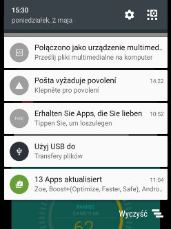 50 Pierwszy tydzień korzystania z nowego telefonu Powiadomienia Panel powiadomień Ikony powiadomień informują o nowych wiadomościach, wydarzeniach kalendarzowych, alarmach oraz trwających