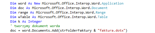 Ostatnia metoda interfejsu ISprzedaz jest najbardziej rozbudowana, a jej zadaniem jest przygotowanie faktury sprzedaży. Faktura będzie przygotowana jako dokument Worda w oparciu o szablon Faktura.