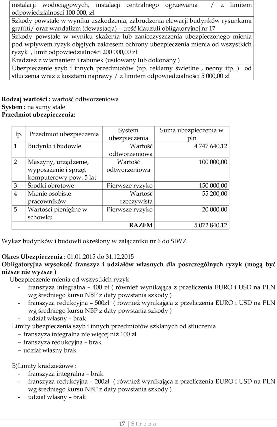 mienia od wszystkich ryzyk, limit odpowiedzialności 200 000,00 zł Kradzież z włamaniem i rabunek (usiłowany lub dokonany ) Ubezpieczenie szyb i innych przedmiotów (np. reklamy świetlne, neony itp.