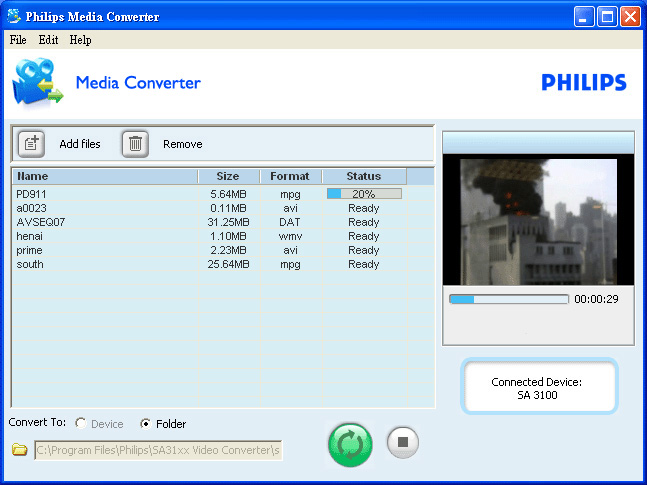 4.3.2 Konwerter mediów Konwerter mediów Philips jest programem umożliwiającym zmianę formatu pliku wideo na obsługiwany przez odtwarzacz; może on również konwertować zdjęcia formatu JPEG do