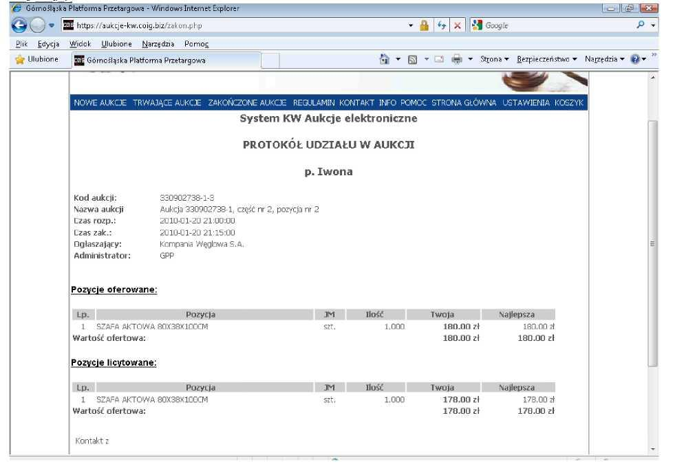 Regulamin Należy zaznaczyć po prawej strony konkretną aukcję a następnie nacisnąć Raport końcowy.