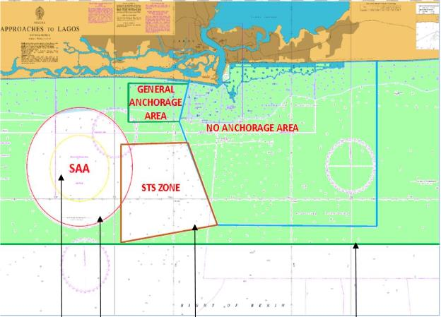 Mapa 2a : MEZ, SSA, STS, Afryka Zachodnia Bezpieczna Strefa Morska Strefa Strefa Statek Zakotwiczenia Wykluczenia - Statek (SAA) (MEZ) (STS) Zaznaczona na zielono Strefa Wysokiego Ryzyka Rozszerzona