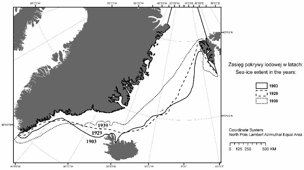pokrywy lodowej w latach, w których pokrywa lodowa na wodach w pobliżu SE wybrzeży Grenlandii była niewielka, był duży rozwój powierzchni lodów we wschodniej części badanego obszaru doprowadzający do