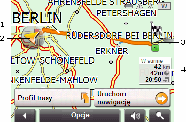 1 Cel jest na mapie małą chorągiewką. Punkty początkowe i punkty zaplanowanych lub wczytanych tras są na mapie chorągiewkami. 2 Trasy są pomarańczowe. 3 pomarańczowy trójkąt to aktualna pozycja.