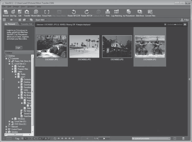 Podłączanie aparatu do komputera Program ViewNX 2 zostanie automatycznie uruchomiony po zakończeniu przesyłania (domyślne ustawienie programu ViewNX 2). Można obejrzeć przesłane zdjęcia.