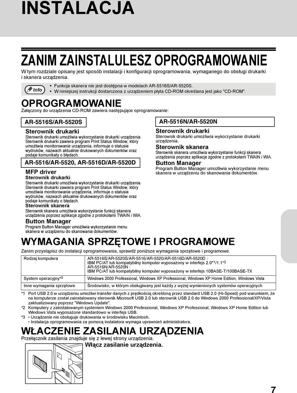 OPROGRAMOWANIE Załączony do urządzenia CD-ROM zawiera następujące oprogramowanie: AR-5516S/AR-5520S Sterownik drukarki Sterownik drukarki umożliwia wykorzystanie drukarki urządzenia.