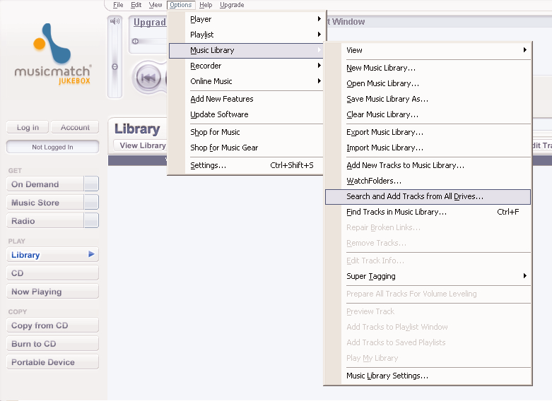 *Ze względu na sposób użytkowania rzeczywisty wygląd wyświetlacza może być inny Wyszukaj i dodaj utwory ze wszystkich dysków (do okna Library <Biblioteka>) Program Musicmatch Jukebox wyszuka
