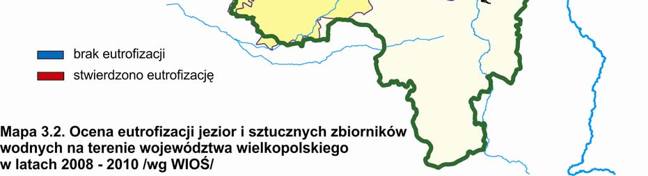 Raport o stanie środowiska w Wielkopolsce w roku 2010 Ocena eutrofizacji jednolitych części wód jezior Przy ocenie eutrofizacji wód jezior wzięto pod uwagę elementy biologiczne: chlorofil a,