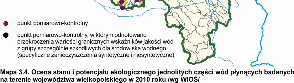 Raport o stanie środowiska w Wielkopolsce w roku 2010 Słaby stan ekologiczny cechował JCW: Głuszynka, Pysząca, Krępica, a słaby potencjał ekologiczny JCW Mogilnica Zachodnia, Potok Junikowski, Ner.