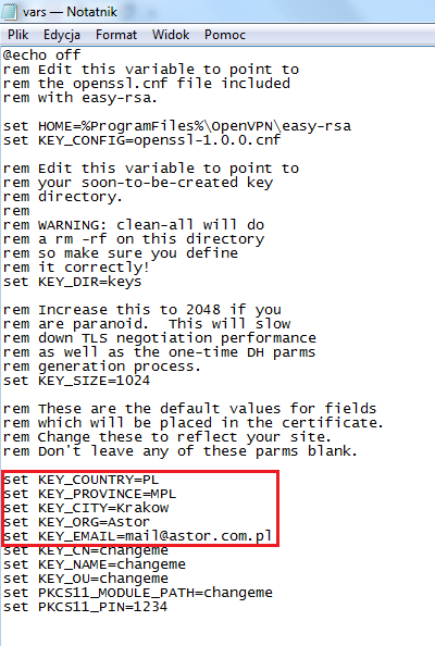 4. Otwieramy plik vars.bat w notatniku i zmieniamy wartości parametrów KEY_COUNTRY, KEY_PROVINCE, KEY_CITY, KEY_ORG i KEY_EMAIL, by odpowiadały naszej organizacji.