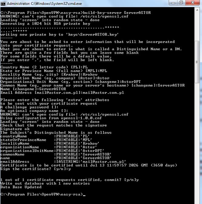 6. Następnie należy wygenerować certyfikaty i klucze serwera W tym celu w wierszu poleceń wpisujemy instrukcję build-key-server NazwaSerwera. Ponownie będziemy poproszeni o zmianę wartości.