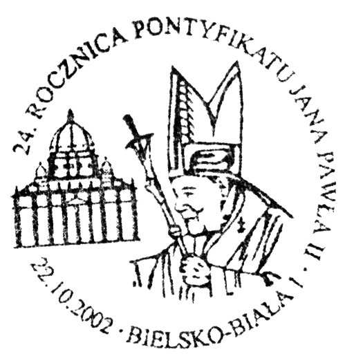 18. 10.10.2002 OŚWIĘCIM 4 rys. wiz świętego makieta kościoła XX ROCZNICA KANONIZACJI O. MAKSYMILIANA KOLBEGO. 19. 13.10.2002 REJOWIEC FABRYCZNY 1 w geście błogosławieństwa NADANIE GIMNAZJUM IMIENIA 20.