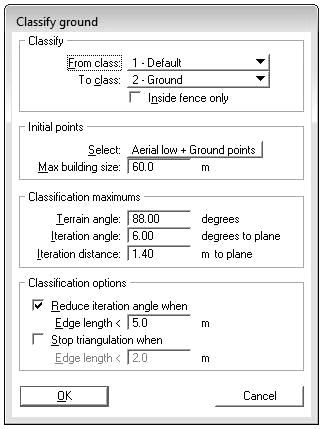 Analiza porównawcza wysokości terenu... 17 Ryc. 3. Parametry klasyfikacji do warstwy ground Fig. 3. Filtration parameters to ground level W każdym oczku siatki wybierany jest najniższy punkt i uznawany jest on za terenowy.